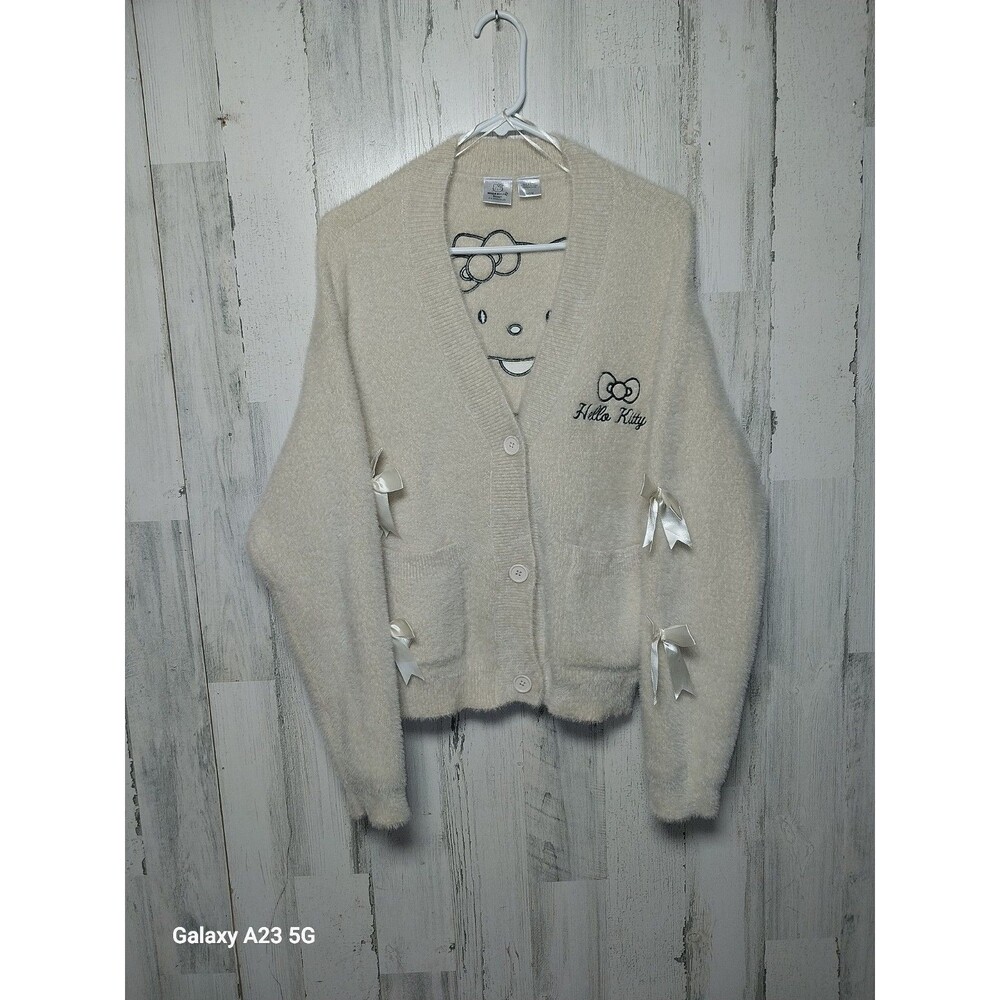 Hello Kitty Women's Medium Cream Fuzzy Cardigan Sweater